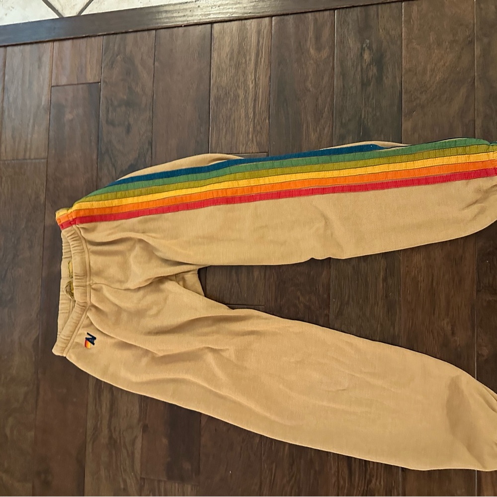 Aviator Nation tan Sweatpants with Rainbow Side Stripe size medium women’s